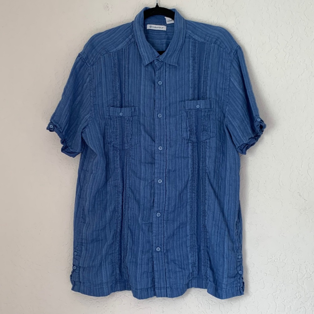 Cubavera‎ Shirt Mens XL Blue Linen Cotton Guayabera Short Sleeve Camp Tropical
